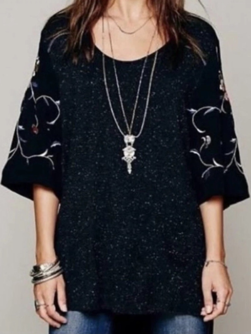 Free People Soft floral vine Embroidery Kimono Sleeve Tunic top